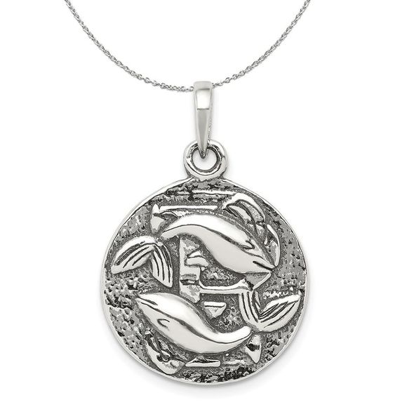 Silver Pisces the Fish Zodiac Embossed Circle Necklace - 16 In